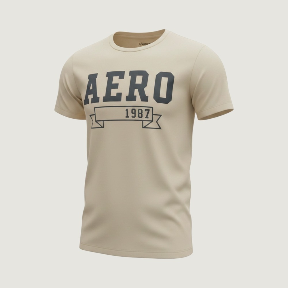 Aeropostale Mens‎ Aero 1987 Graphic T-Shirt Tan Beige Cotton Crew Neck Small